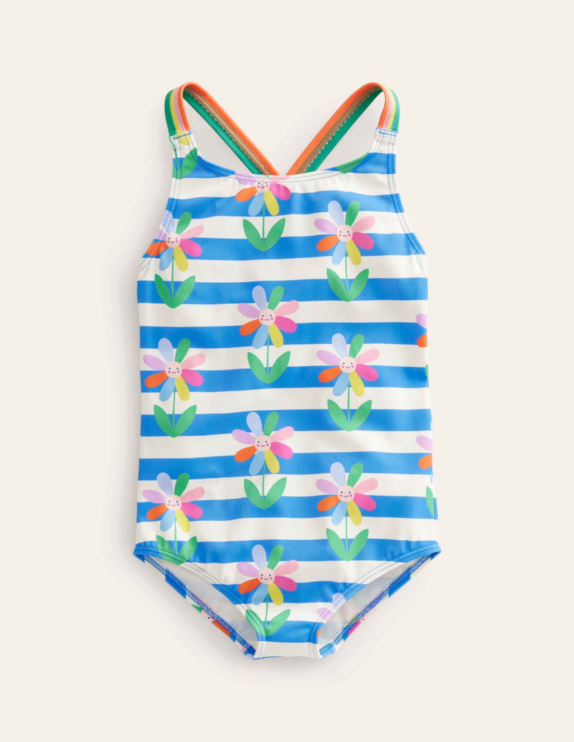 Maillot de bain imprimé croisé dans le dos-Rayé pâquerettes bleu cabanon - Image 1
