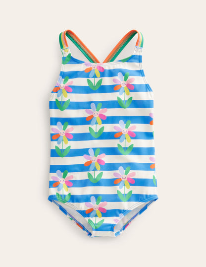 Maillot de bain imprimé croisé dans le dos-Rayé pâquerettes bleu cabanon-1
