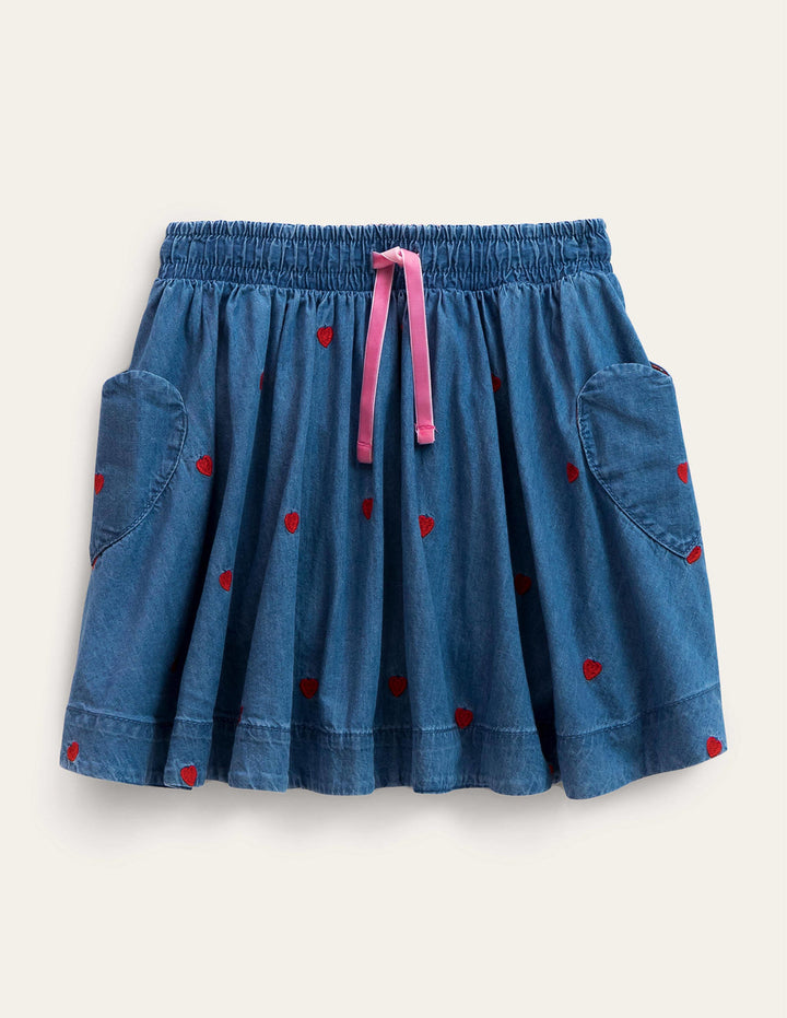 Woven Twirly Skirt-Mid Vintage Denim Hearts