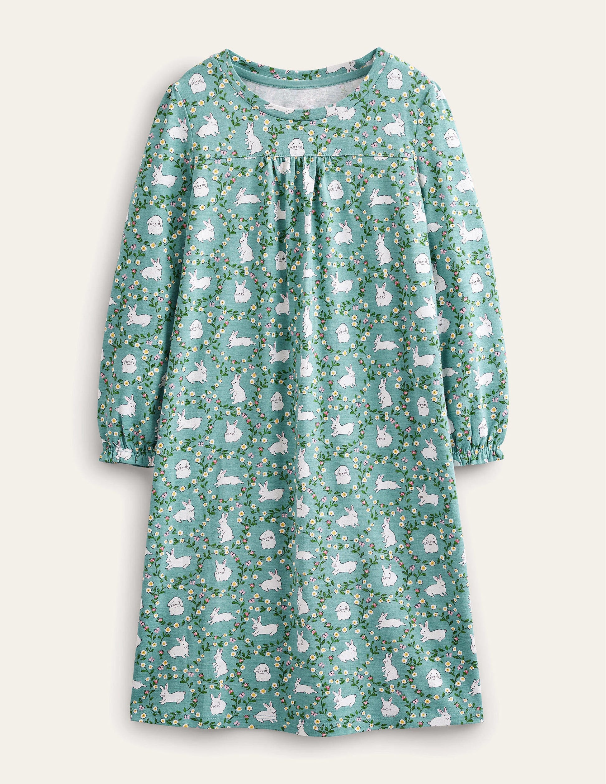 Printed Long-sleeved Nightie-Hot Spring Blue Bunnies-1