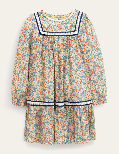 Webkleid mit Spitzenborte-Vanille, Blumenmuster