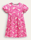 Kleid mit Puffärmeln-Rosarot, Dinosaurier/Toile