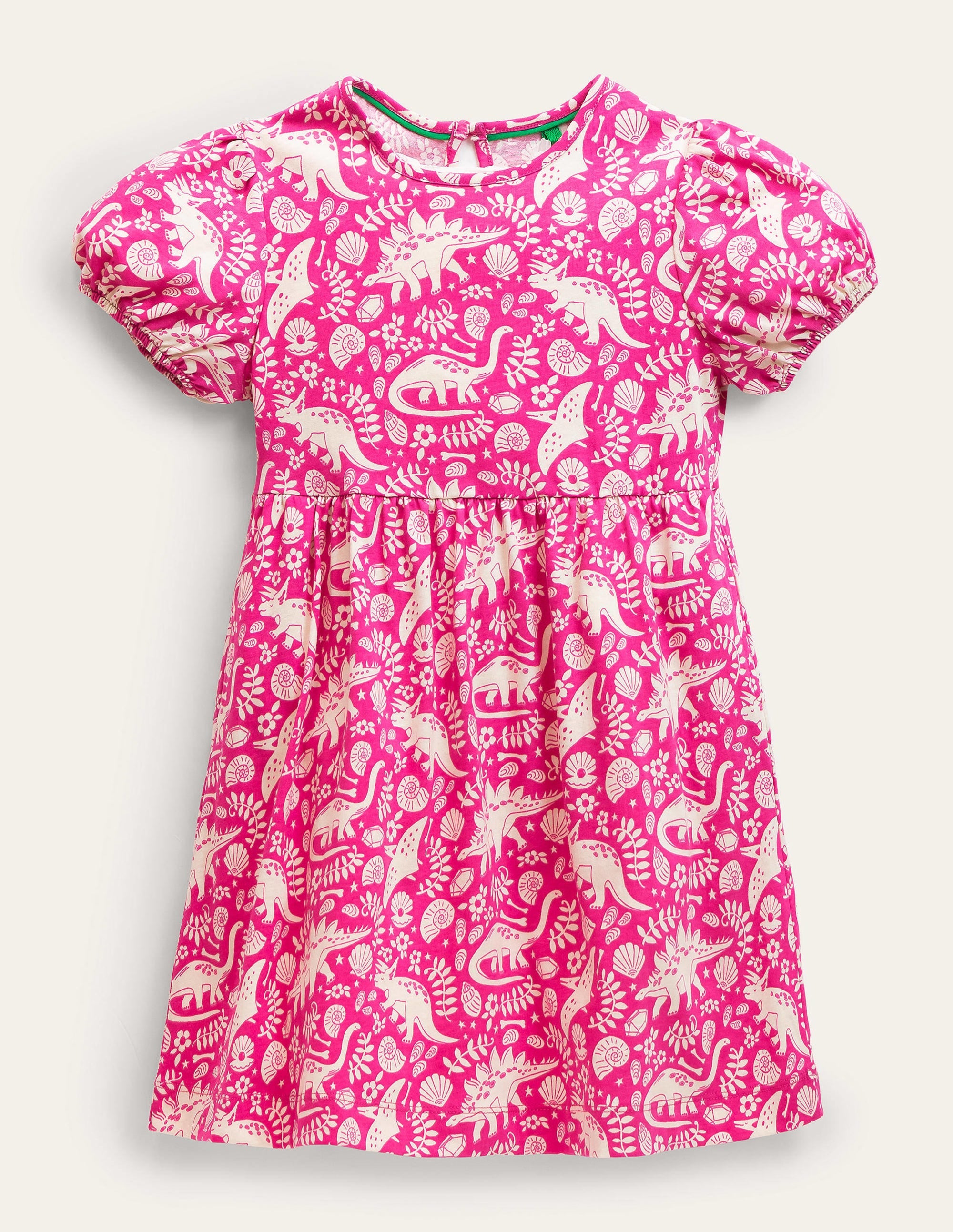 Puff Sleeve Jersey Dress-Tickled Pink Dinosaur Toile - Image 1
