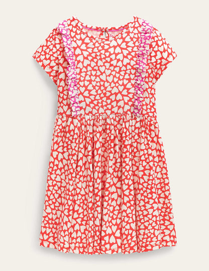 Ausgestelltes Kleid mit Rüschen-Erdbeerkuchenrot, Herzen-1