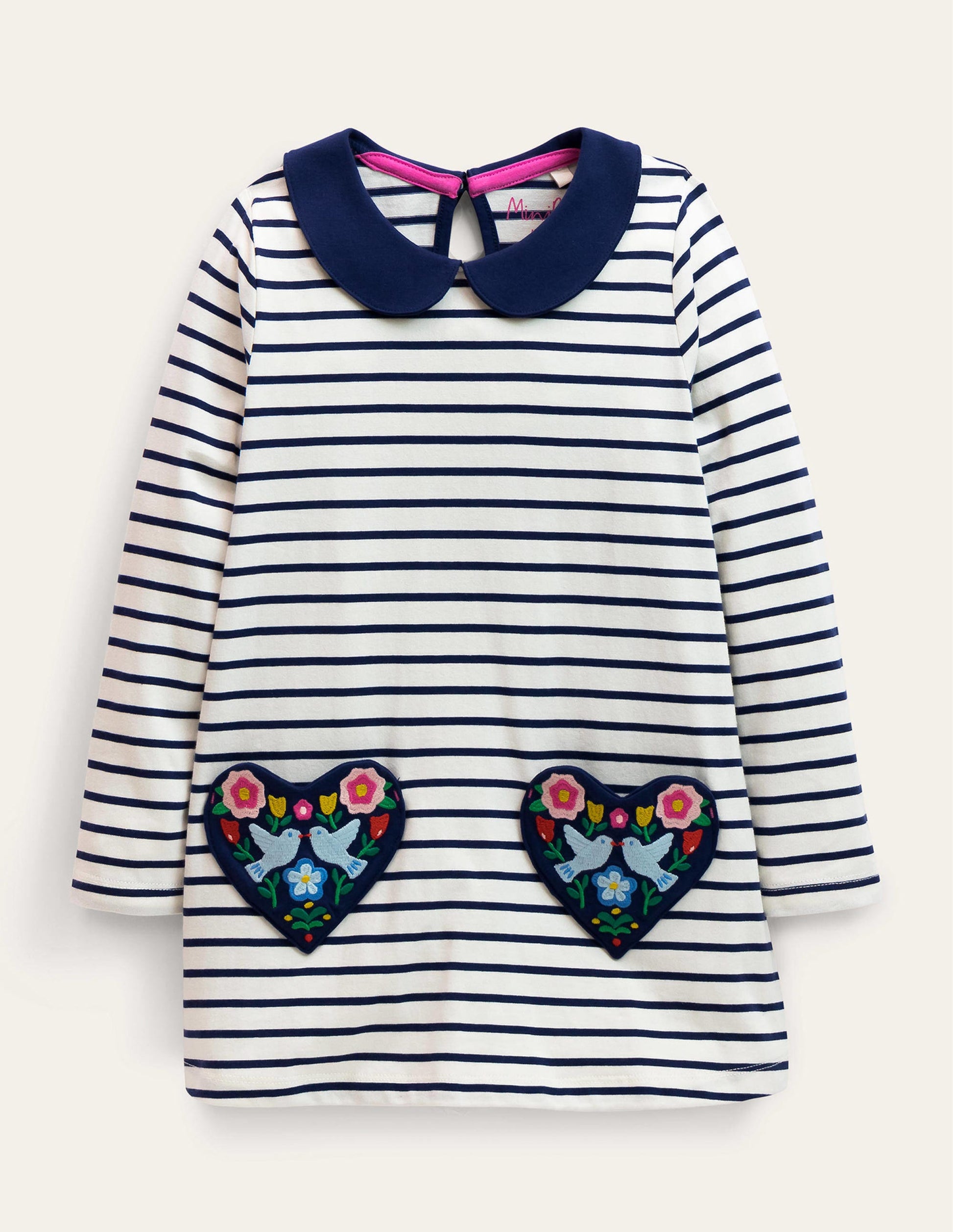 Jersey-Tunika mit Taschen-Naturweiß/Schuluniform-Navy, Vögel-1