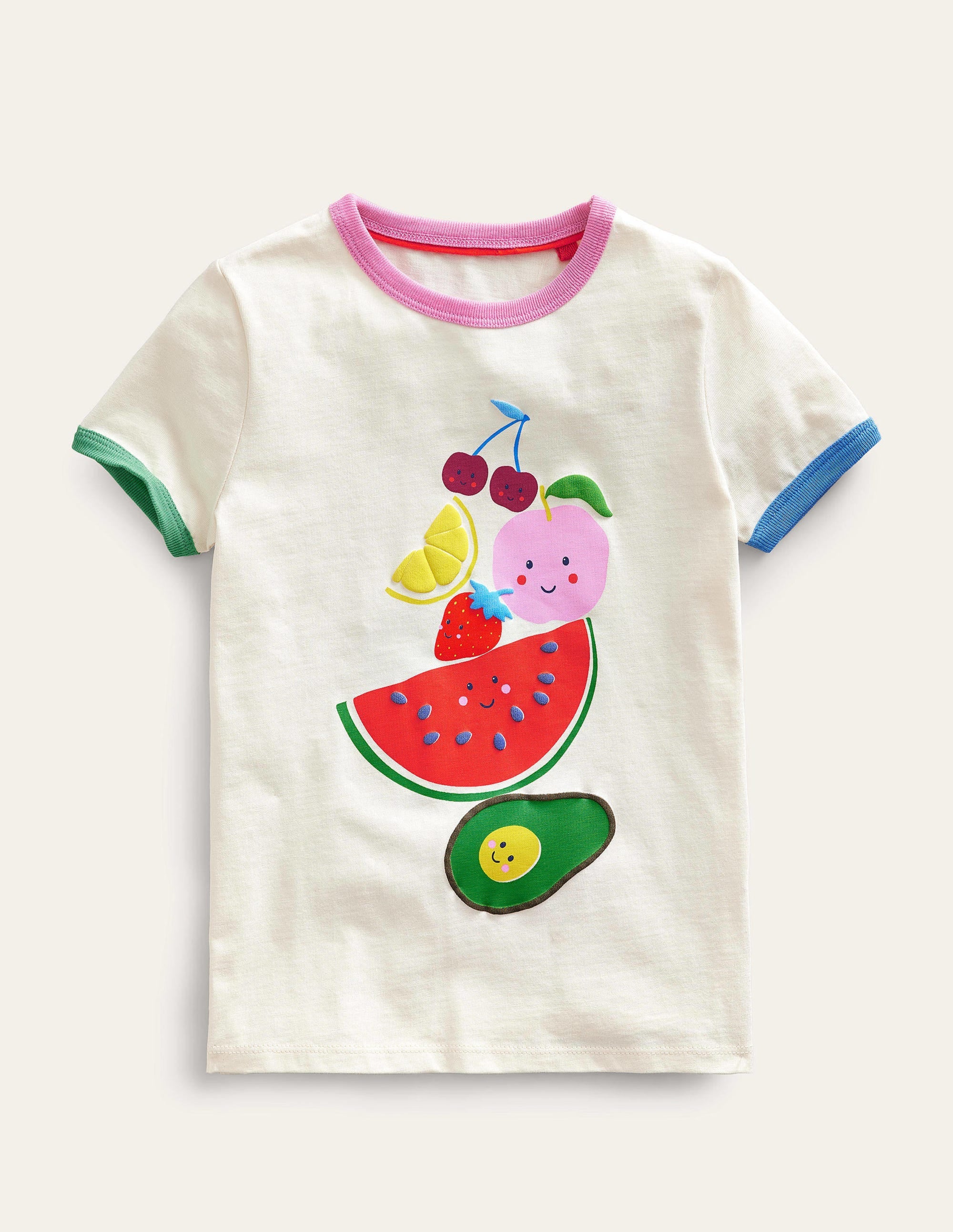 Motiv-T-Shirt mit Hals- und Ärmelbündchen-Naturweiß, Fröhliches Früchtemotiv - Image 1