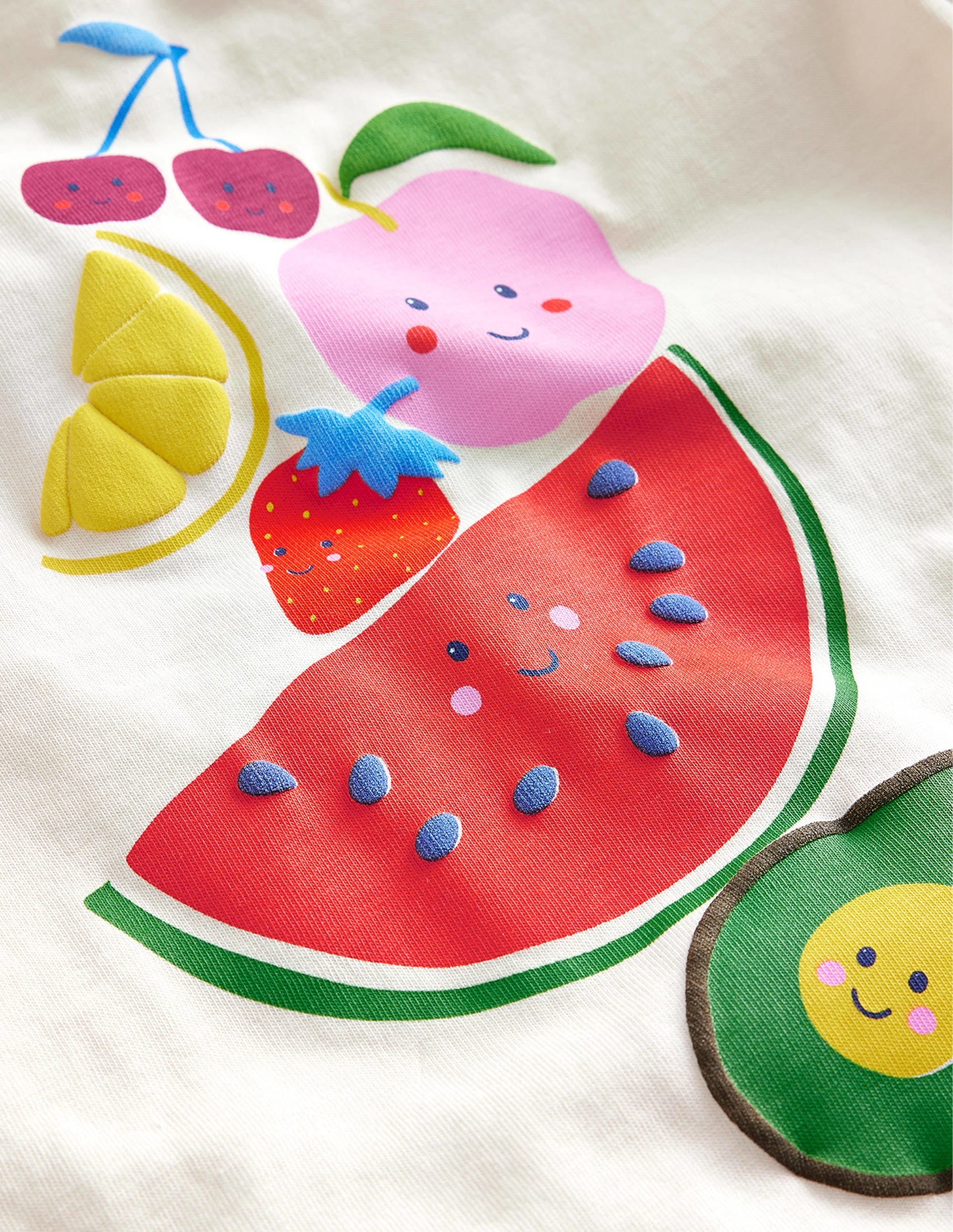Motiv-T-Shirt mit Hals- und Ärmelbündchen-Naturweiß, Fröhliches Früchtemotiv - Image 3