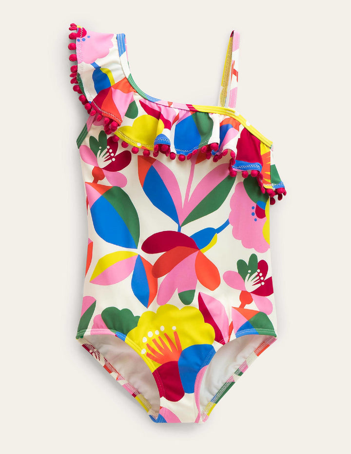 Frilly One Shoulder Swimsuit-Ivory and Multi Floral