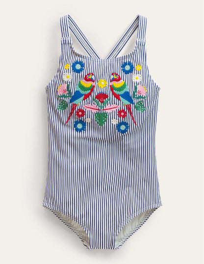 Embroidered Swimsuit-Starboard Ivory Stripe, Parrot-1