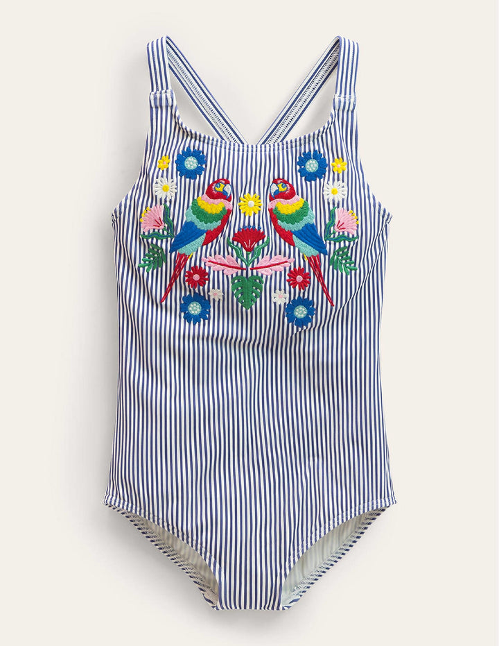 Embroidered Swimsuit-Starboard Ivory Stripe, Parrot