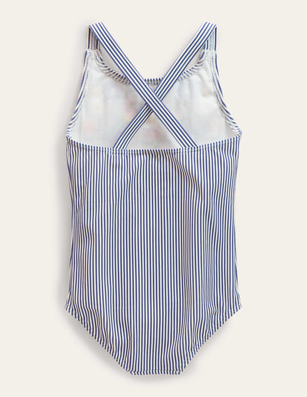 Badeanzug mit Stickereien-Segelblau/Naturweiß, Gestreift/Papagei