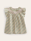 Top tissé à smocks-Motif Daisy Wave gousse de vanille