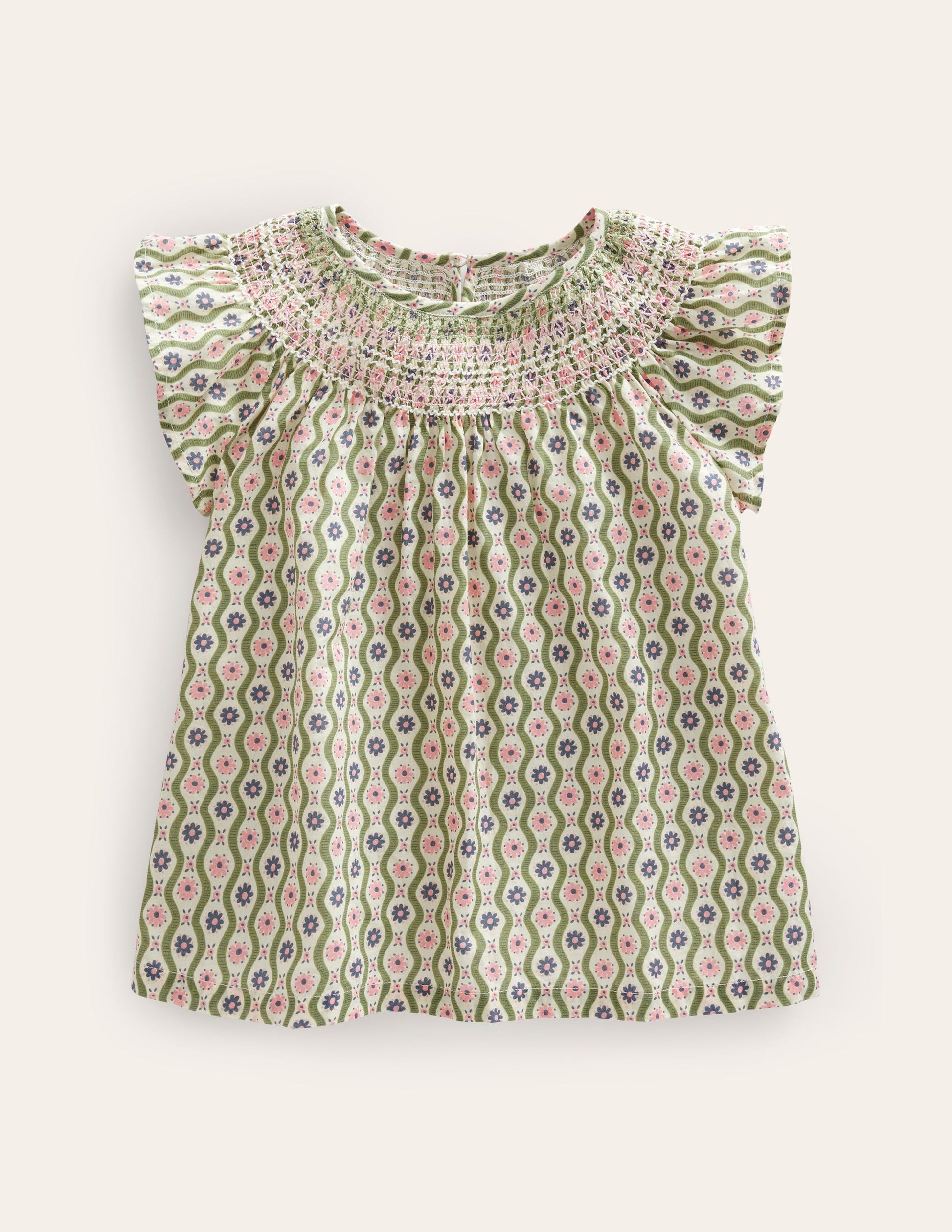 Top tissé à smocks-Motif Daisy Wave gousse de vanille-1