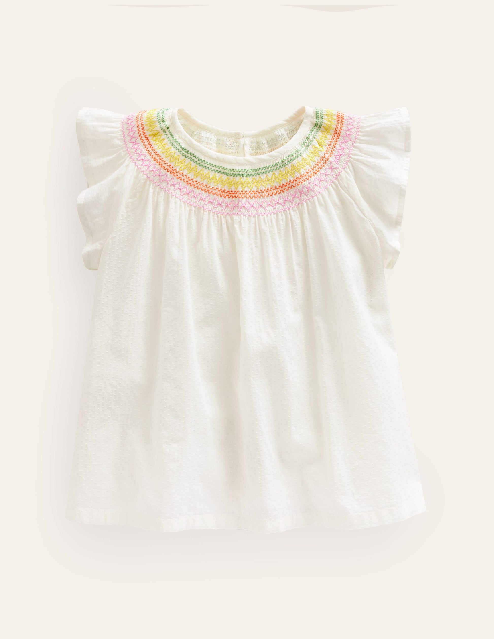 Gewebtes Smokoberteil-Naturweiß Regenbogen Smocking-1