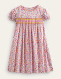 Robe rétro à smocks-Motif floral pétal vif