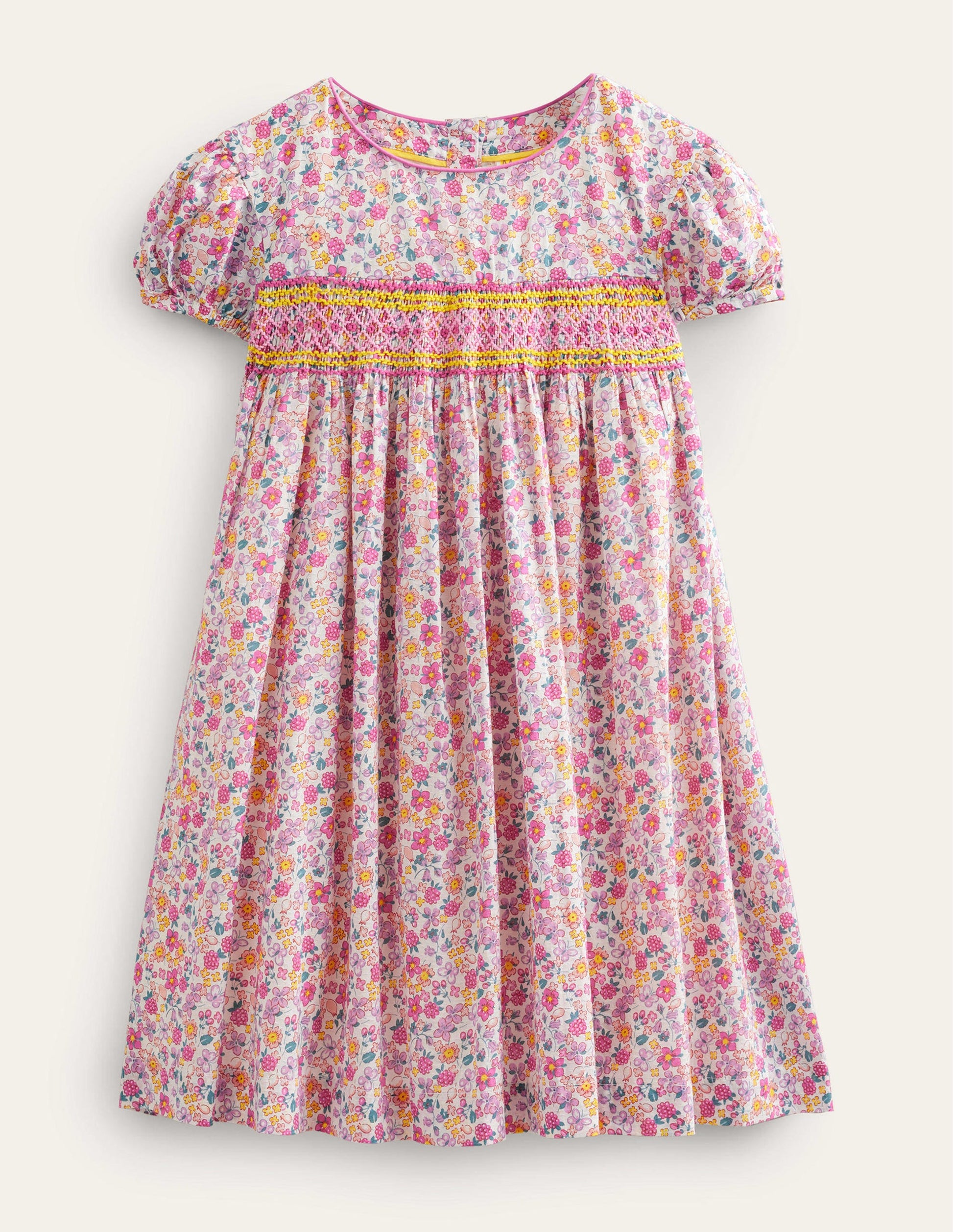 Robe rétro à smocks-Motif floral pétal vif-1