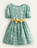 Vintage-Kleid aus Baumwolle und Leinen-Ozeangrün, Häschen
