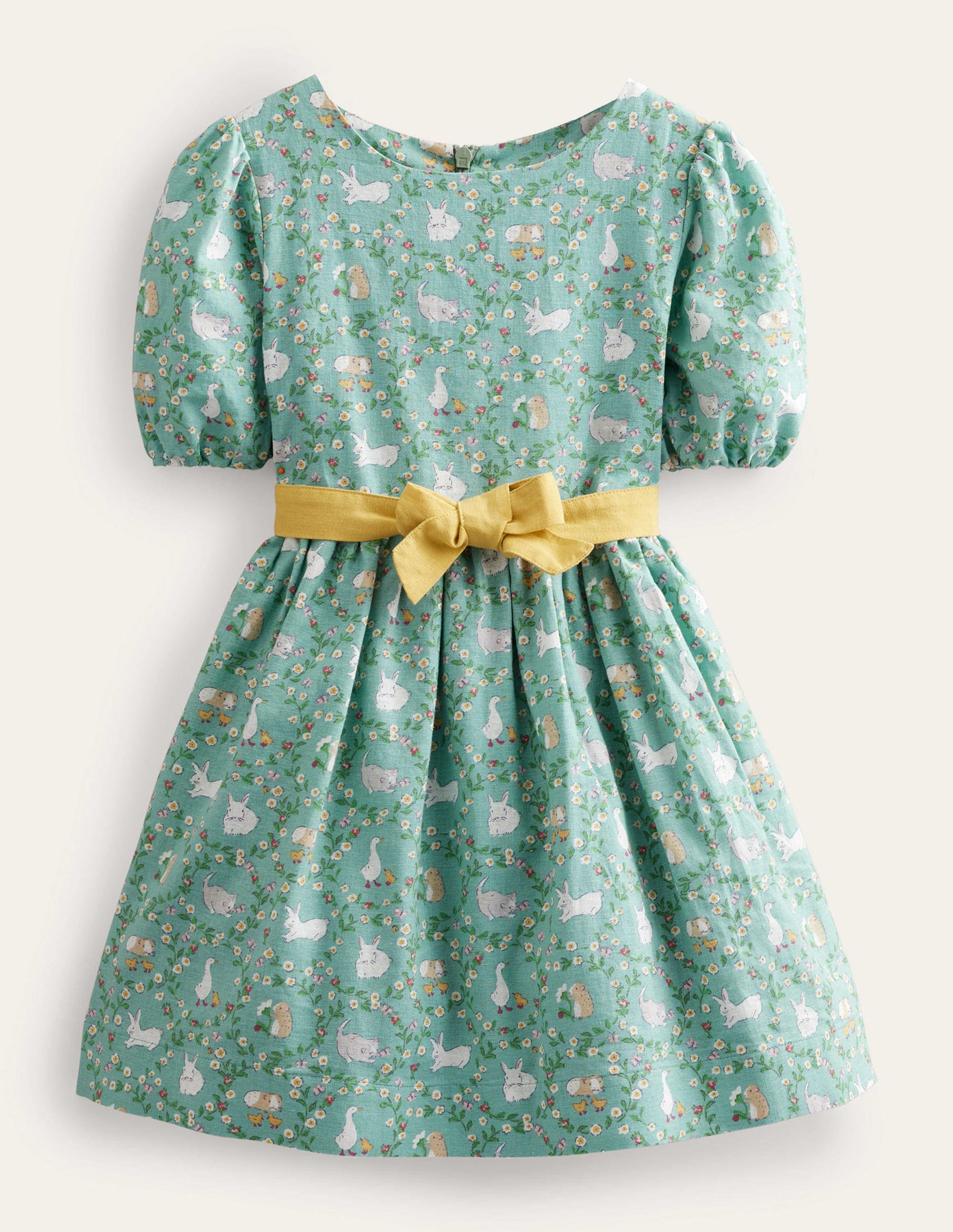 Vintage-Kleid aus Baumwolle und Leinen-Ozeangrün, Häschen-1