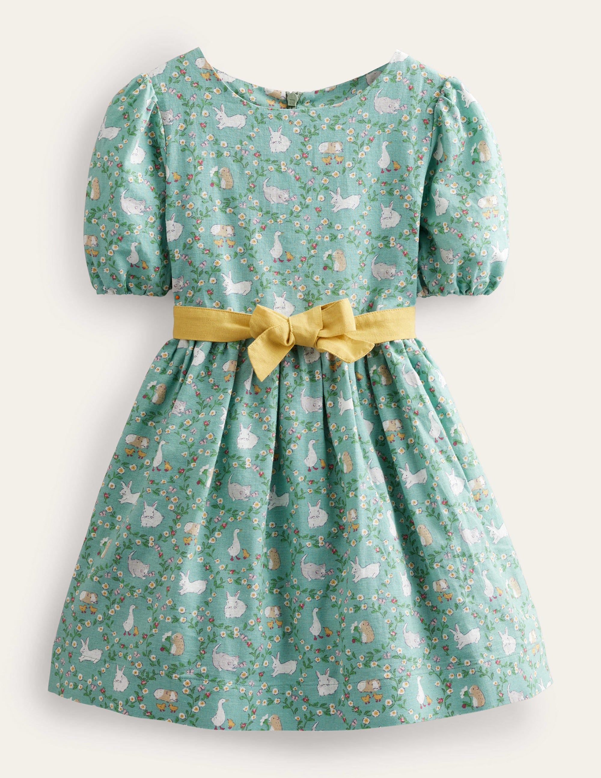 Vintage-Kleid aus Baumwolle und Leinen-Ozeangrün, Häschen - Image 1
