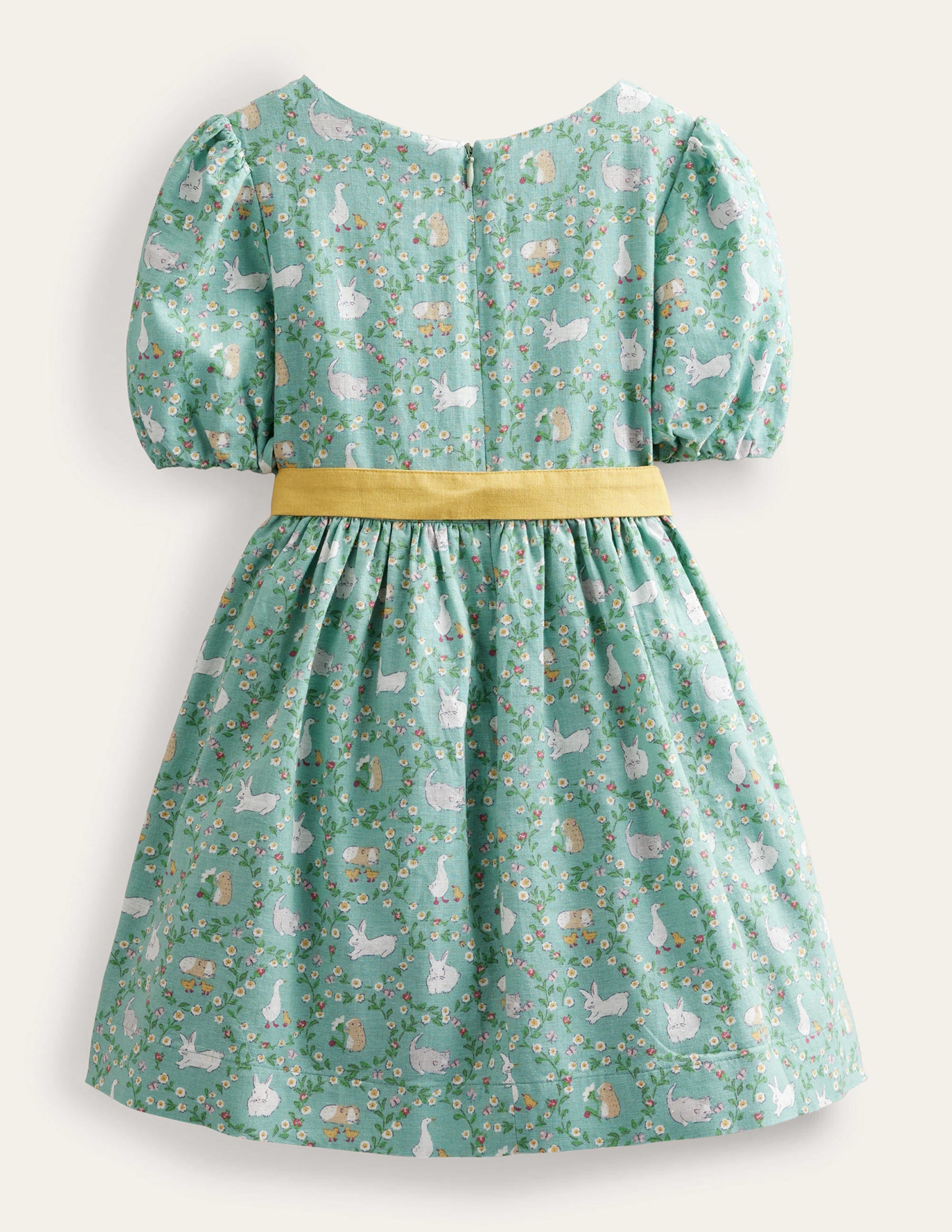 Vintage-Kleid aus Baumwolle und Leinen-Ozeangrün, Häschen - Image 2