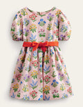 Robe vintage en coton et lin-Fleurs rose ancien