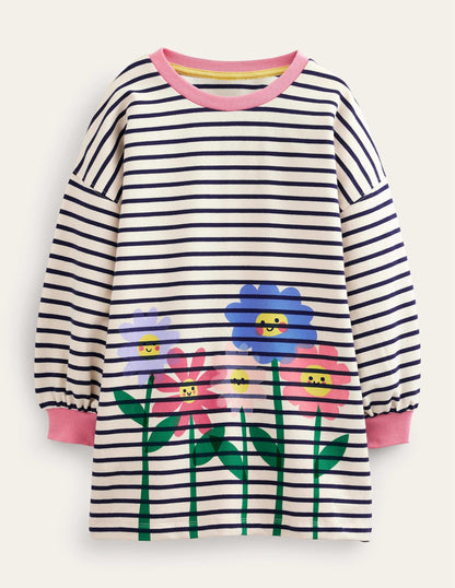 Sweat-Tunika mit Motiv-Vanille/Navy, Blumen-1