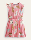 Robe en jersey à manches volantées-Chats rose pommier sauvage