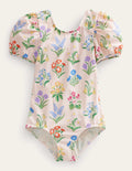 Printed Puff-sleeved Swimsuit-Pink Ticking Stripe Flowers
