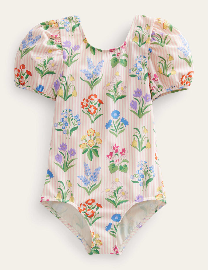 Printed Puff-sleeved Swimsuit-Pink Ticking Stripe Flowers