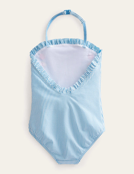 Bandeau-Badeanzug-Naturweiß/Surfbrett-Blau, Gestreift