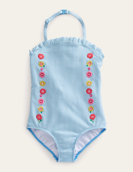 Bandeau-Badeanzug-Naturweiß/Surfbrett-Blau, Gestreift