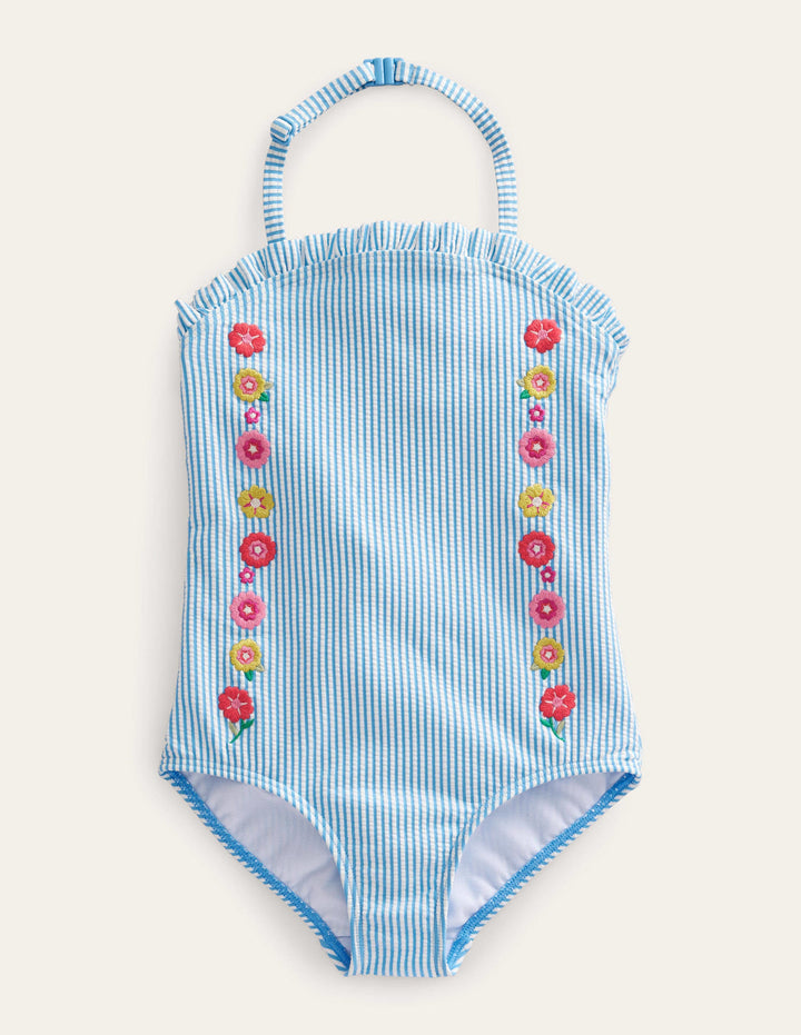 Bandeau Swimsuit-Ivory Surfboard Blue Stripe