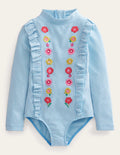 Embroidered Sunsafe Swimsuit-Ivory Surfboard Blue Stripe