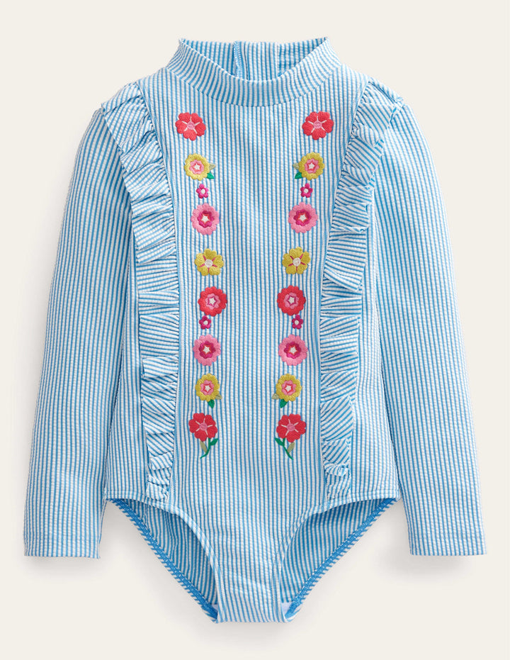 Embroidered Sunsafe Swimsuit-Ivory Surfboard Blue Stripe
