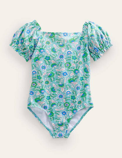 Badeanzug mit Puffärmeln-Wasserblau, Blumenranken-1
