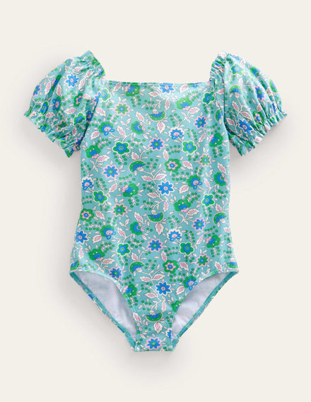 Badeanzug mit Puffärmeln-Wasserblau, Blumenranken