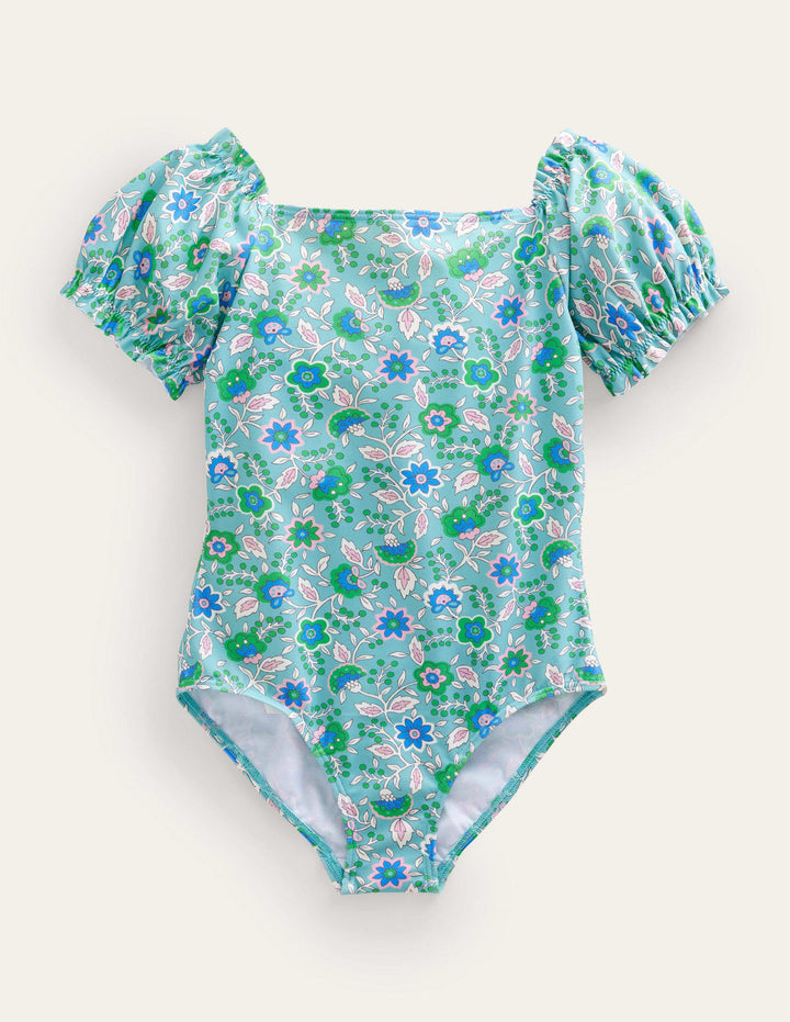 Puff Sleeve Swimsuit-Aqua Sea Floral Vine