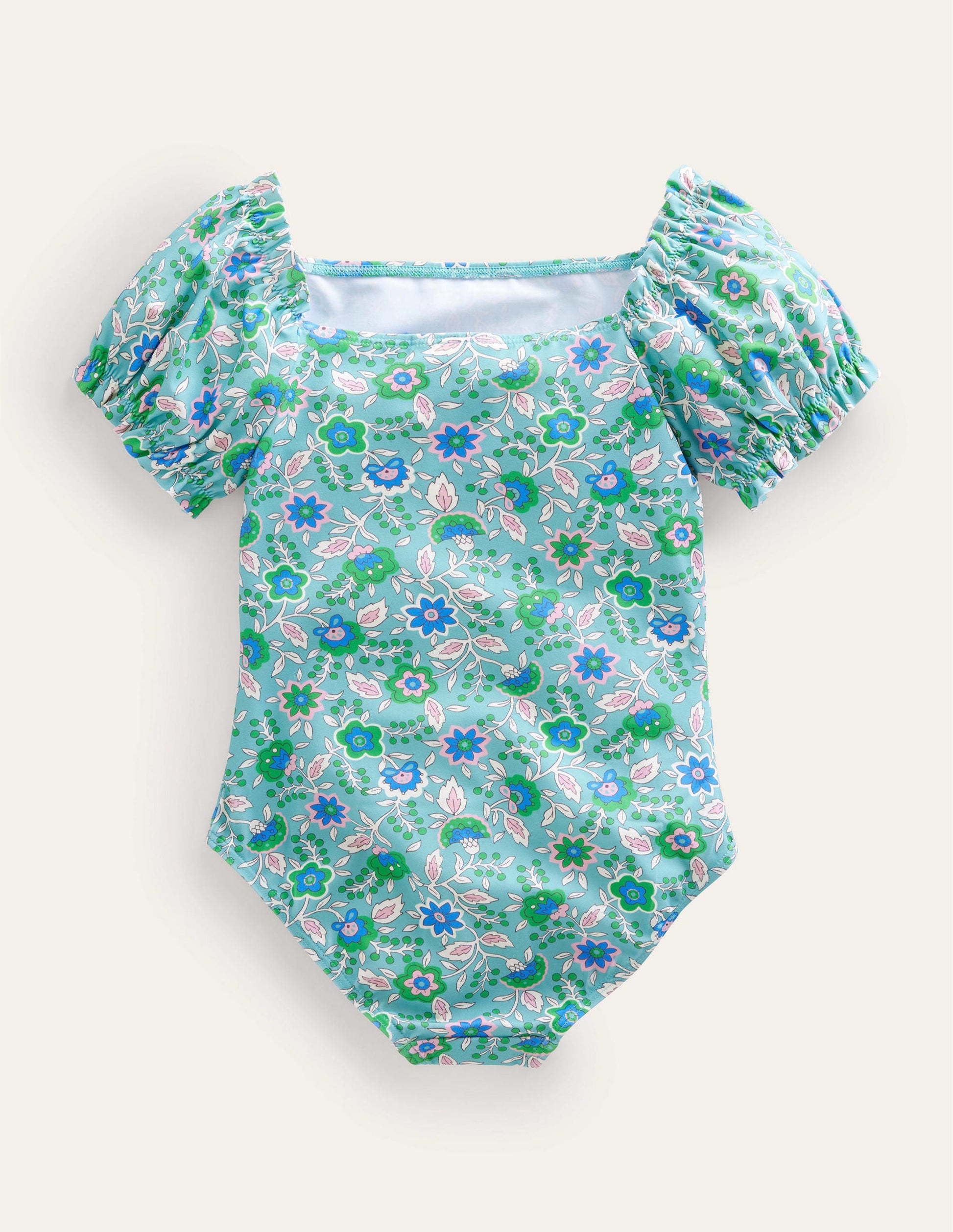Badeanzug mit Puffärmeln-Wasserblau, Blumenranken-2