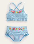 Bikini brodé à volants-Ivoire, rayé bleu surf