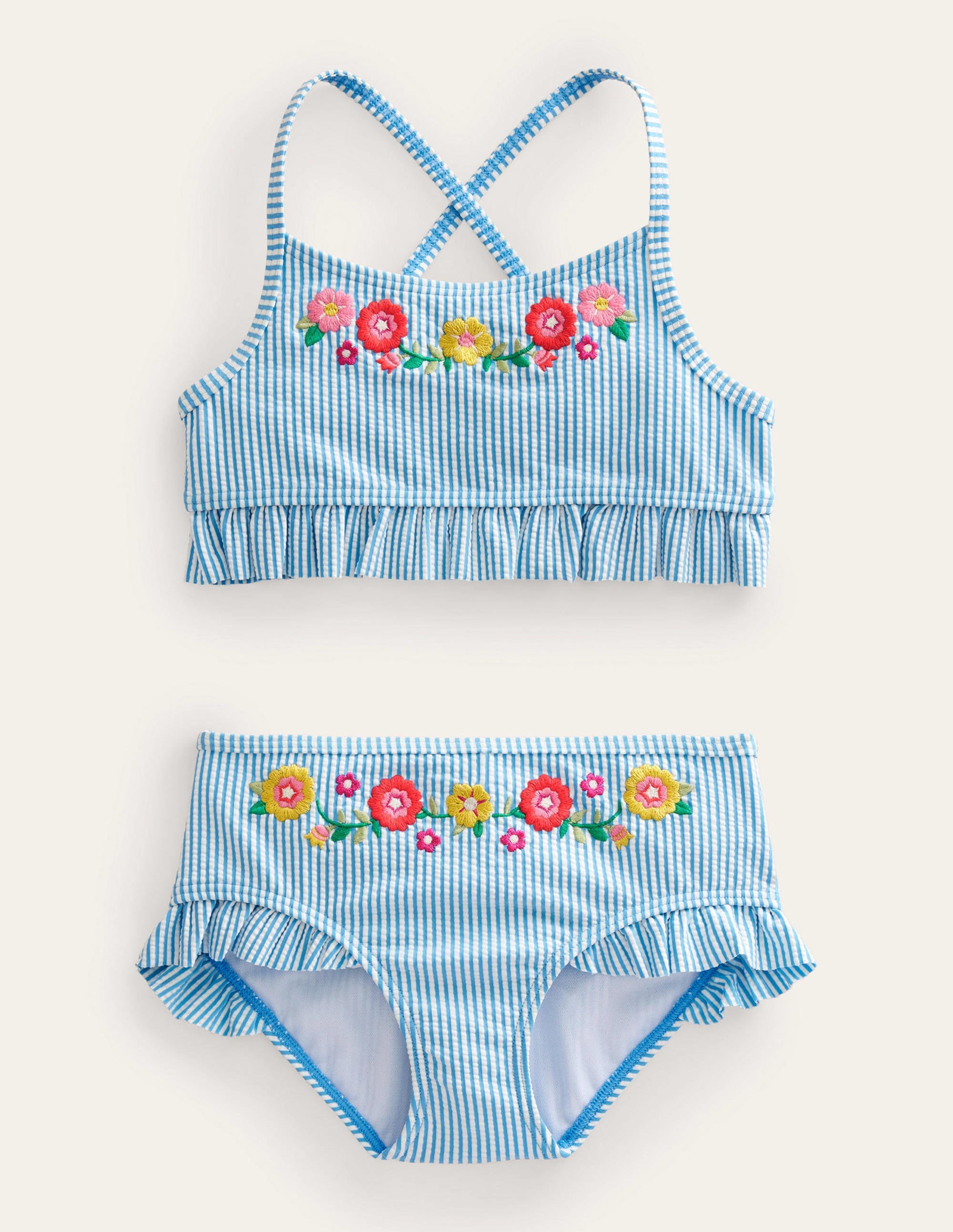 Bikini brodé à volants-Ivoire, rayé bleu surf - Image 1