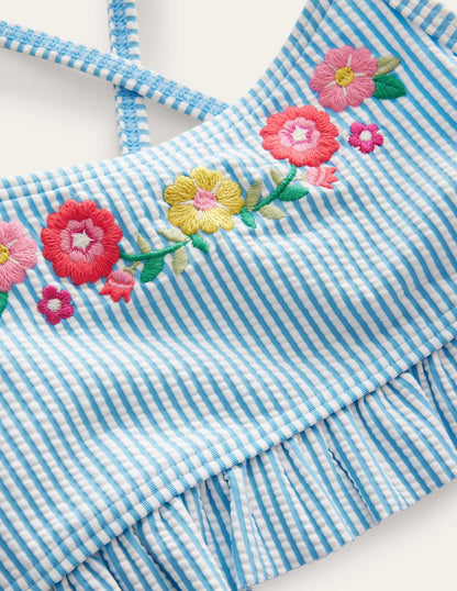 Rüschenbikini mit Stickerei-Naturweiß/Surfbrett-Blau, Gestreift-3