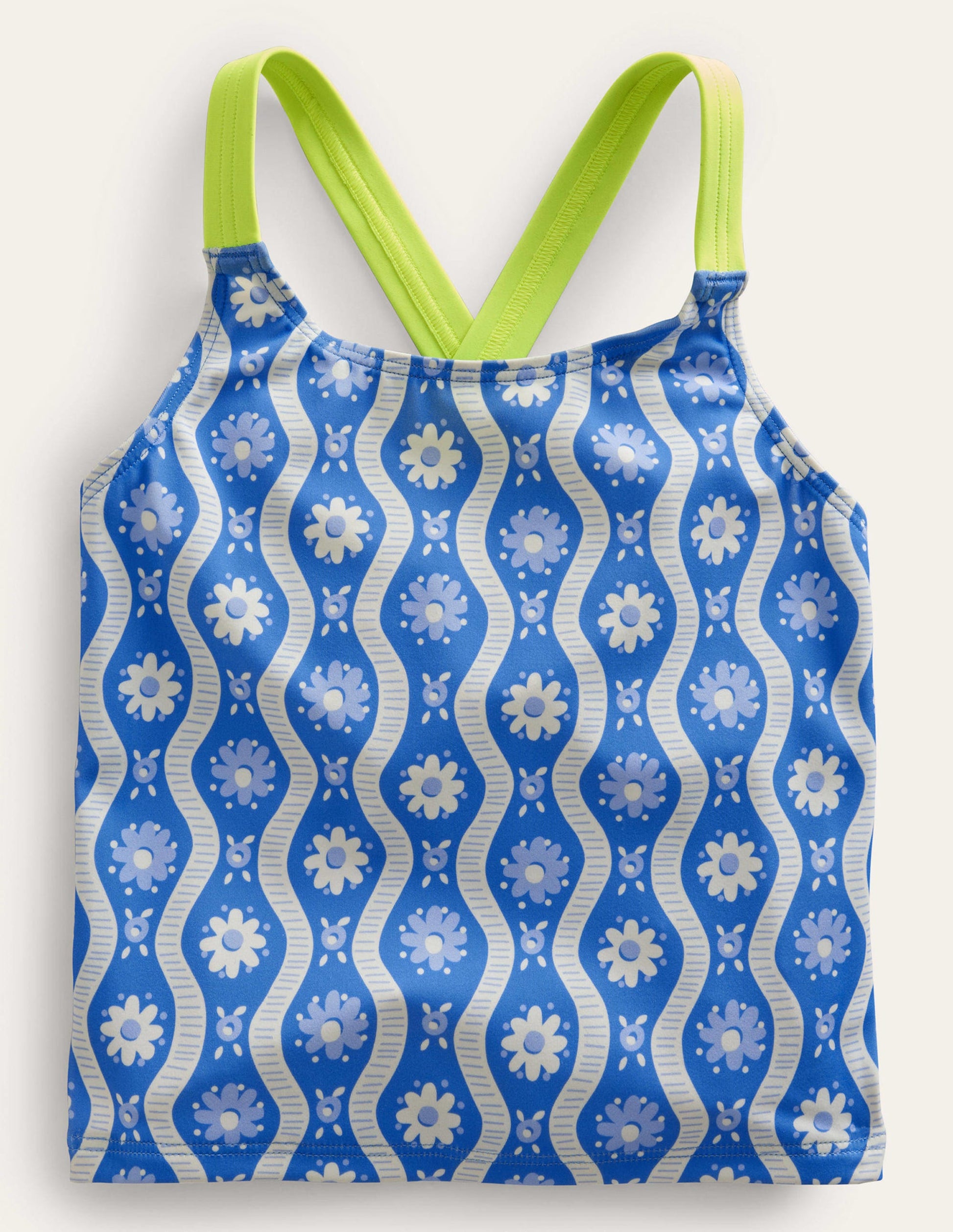 Tankini-Oberteil mit gekreuzten Rückenträgern-Penzance-Blau, Gänseblümchen/Wellen-1