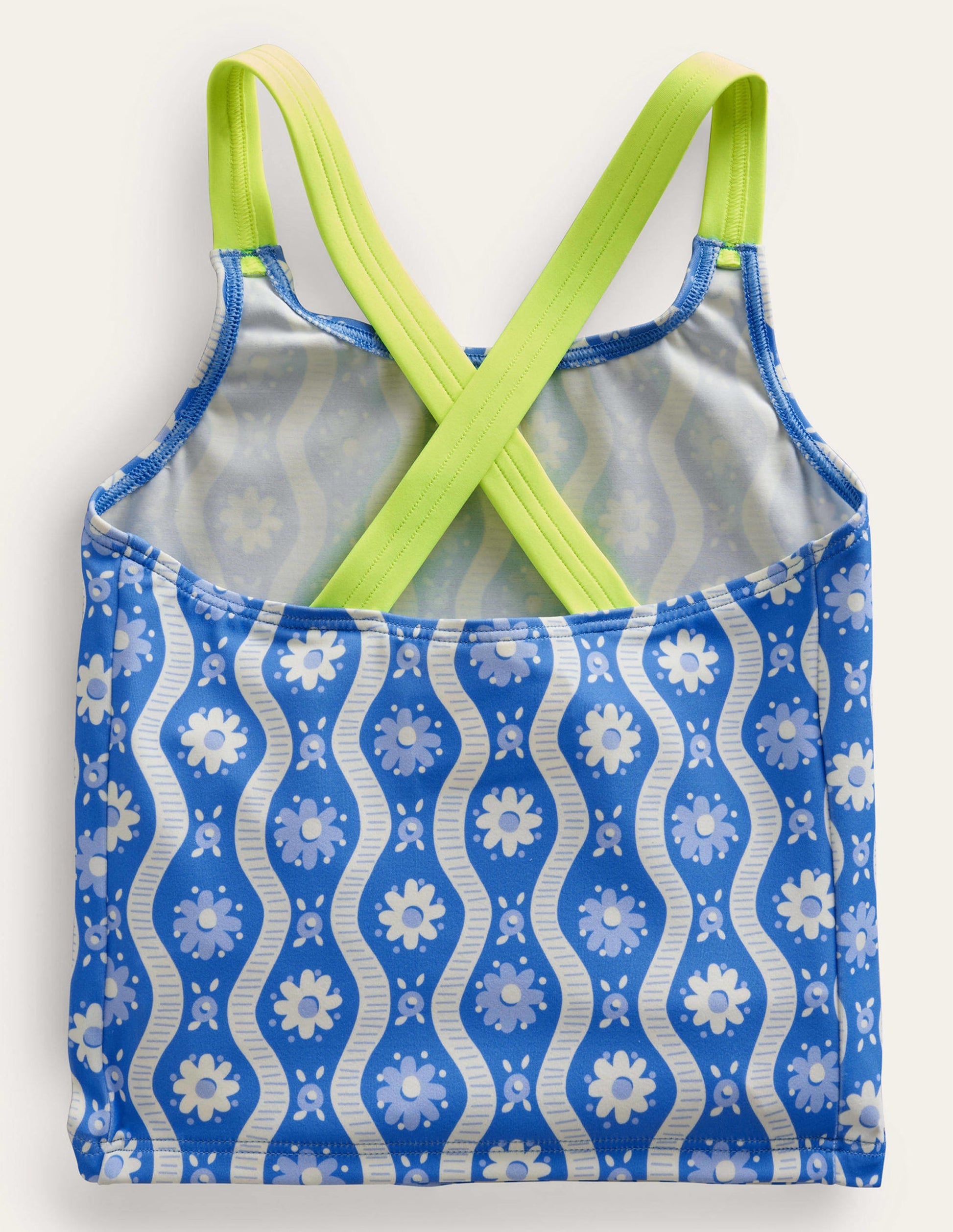 Tankini-Oberteil mit gekreuzten Rückenträgern-Penzance-Blau, Gänseblümchen/Wellen-2
