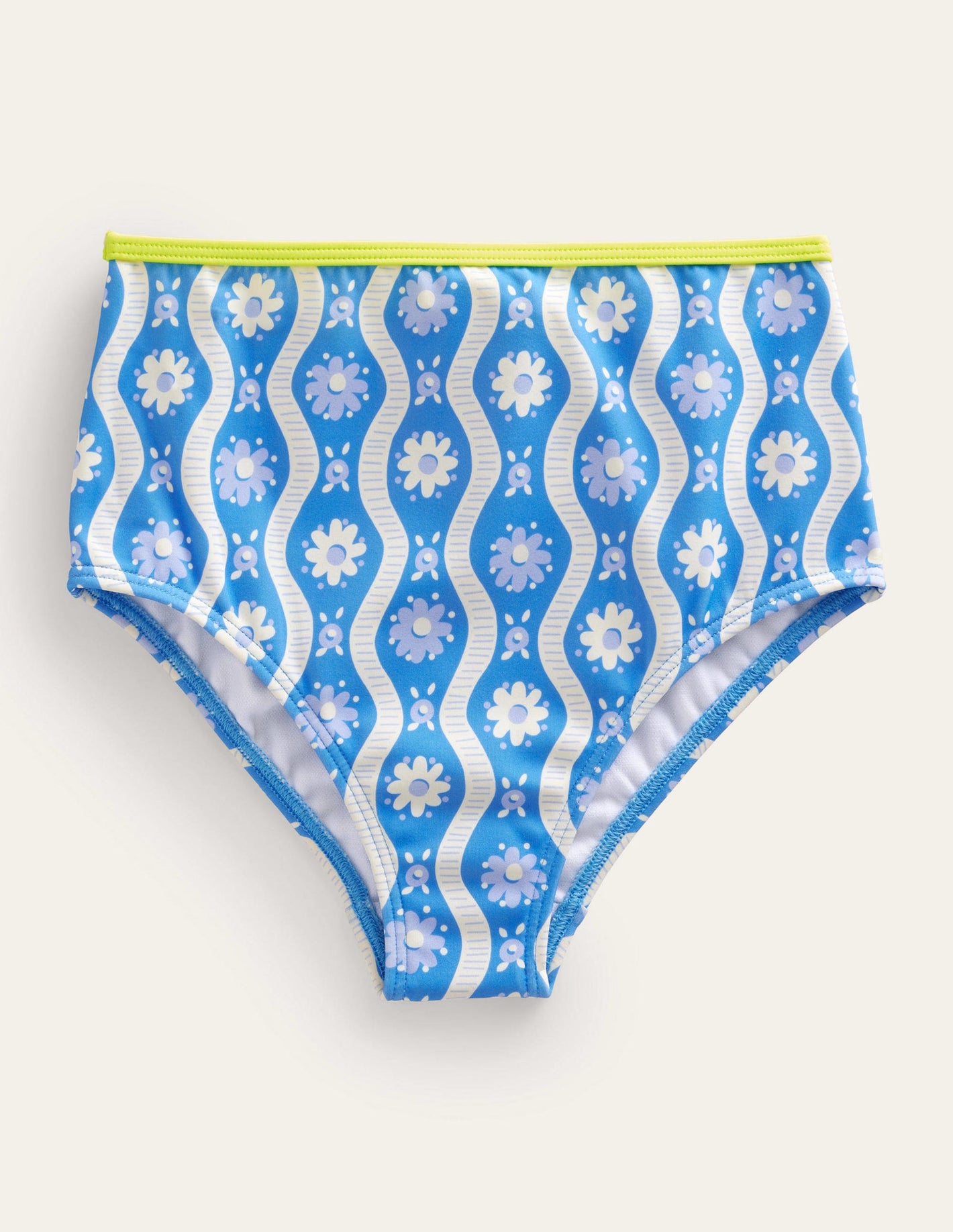 Bikinihose mit hohem Bund-Penzance-Blau, Gänseblümchen/Wellen