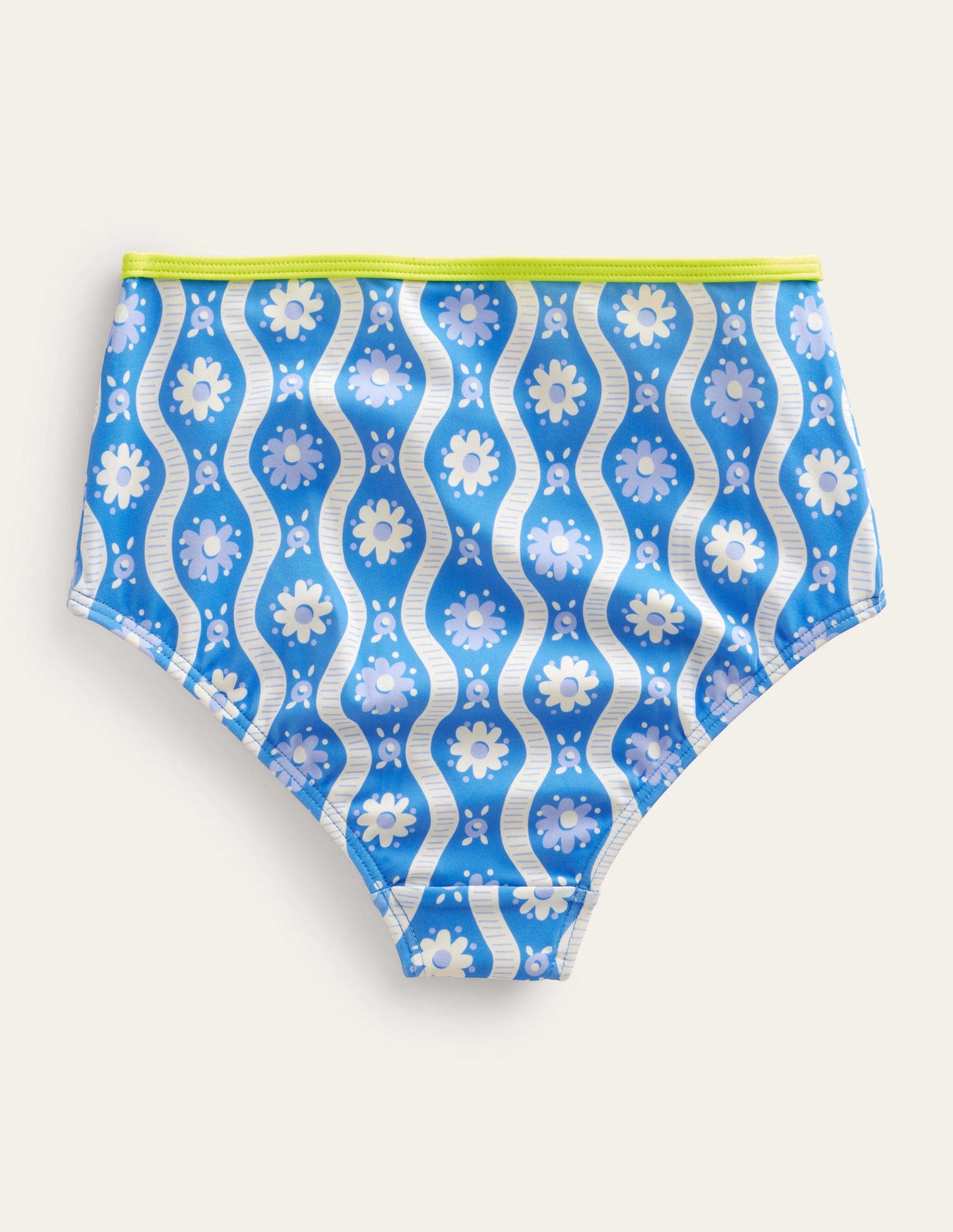 Bikinihose mit hohem Bund-Penzance-Blau, Gänseblümchen/Wellen