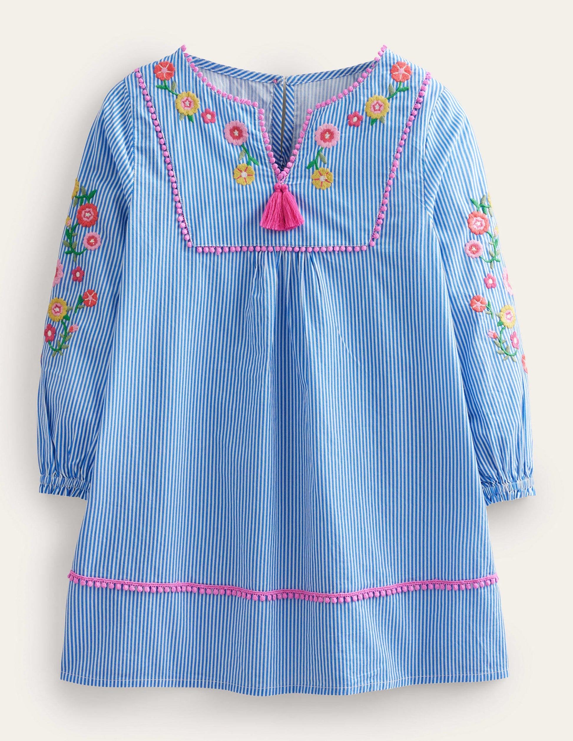 Long-sleeve Embroidered Kaftan-Ivory and Blue Stripe-1