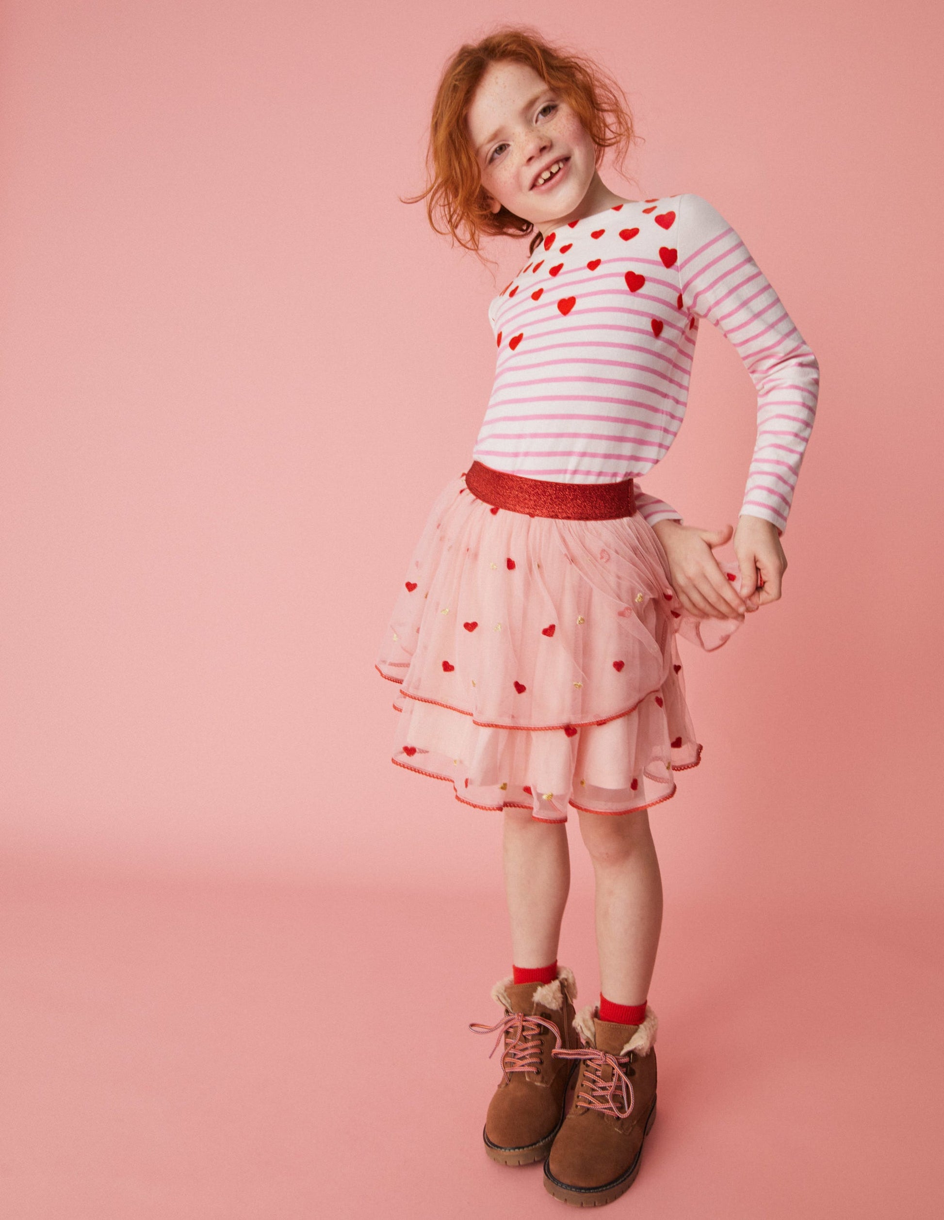 Embroidered Tulle Skirt-Pink Heart Embroidery-4