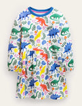 Jerseykleid mit abgesetzter Schulter-Vanille, Dinosaurier