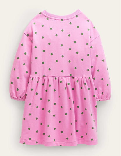 Jerseykleid mit abgesetzter Schulter-Fliederrosa/Safarigrün, Getupft