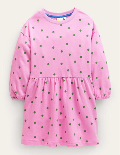 Jerseykleid mit abgesetzter Schulter-Fliederrosa/Safarigrün, Getupft